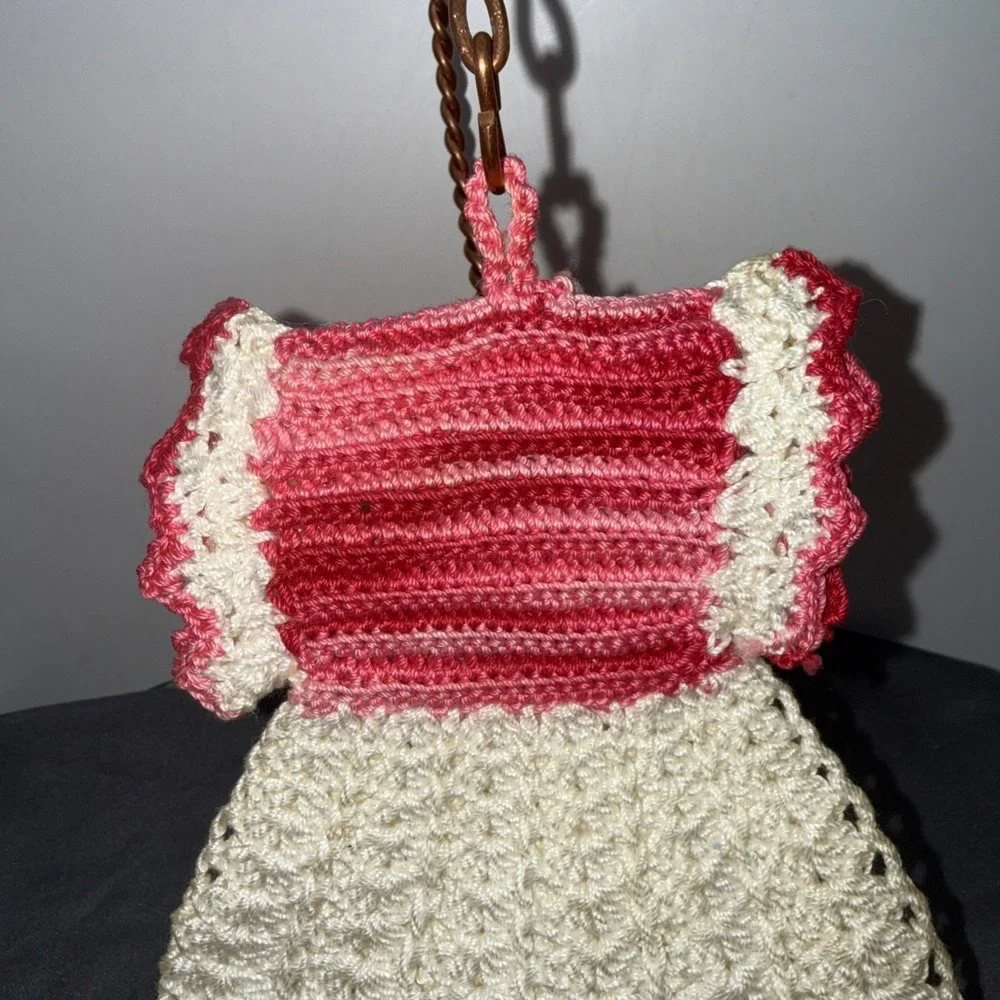 Vintage Crochet  White / Pink Bottle Dress - Trivet/Potholder  Ornament Preowned